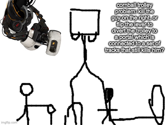 can't use the drawing app to save my life | cornball trolley problem: kill the guy on the right, or flip the lever to divert the trolley to a portal which is connected to a set of tracks that still kills him? | image tagged in blank white template | made w/ Imgflip meme maker