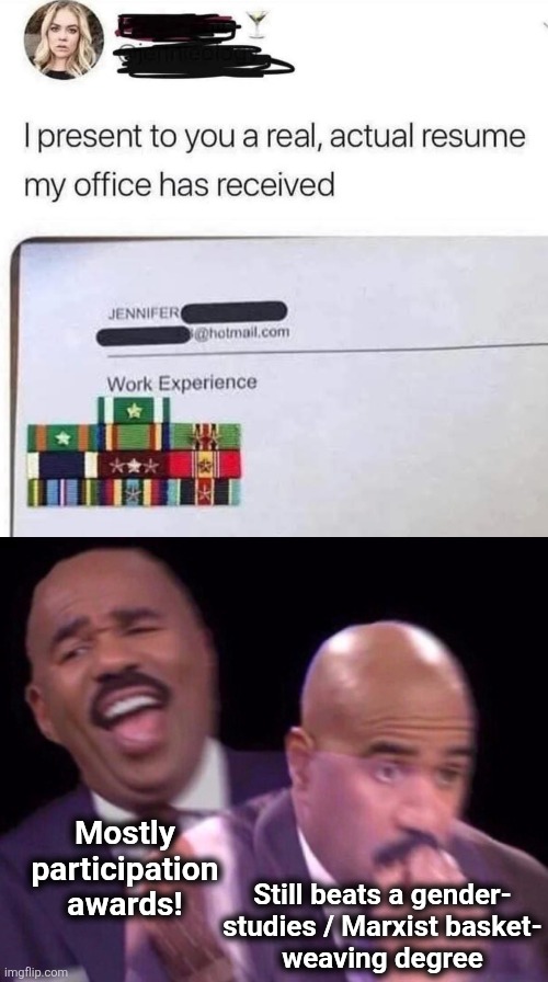 An impressive resume? | Mostly
participation
awards! Still beats a gender-
studies / Marxist basket-
weaving degree | image tagged in steve harvey laughing serious,memes,resume,ribbon rack,gender studies | made w/ Imgflip meme maker