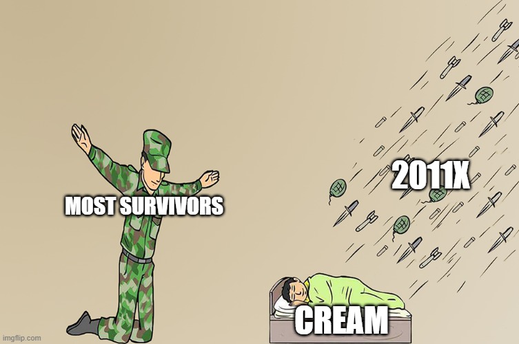 Cream gets protected but not all the time... (Outcome Memories) | 2011X; MOST SURVIVORS; CREAM | image tagged in soldier not protecting child | made w/ Imgflip meme maker