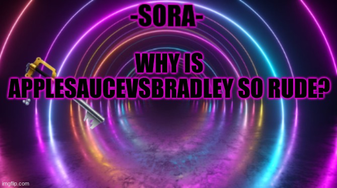 -Sora- template | WHY IS APPLESAUCEVSBRADLEY SO RUDE? | image tagged in -sora- template | made w/ Imgflip meme maker