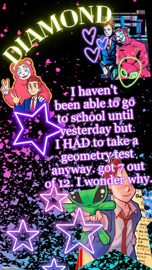 now my grade is 66. wonderful | I haven't been able to go to school until yesterday but I HAD to take a geometry test anyway. got 7 out of 12. I wonder why. | image tagged in diamond's hesitant alien temp tysm disco | made w/ Imgflip meme maker