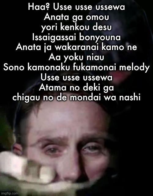 Shush (The Collector Edition) | Haa? Usse usse ussewa
Anata ga omou yori kenkou desu
Issaigassai bonyouna
Anata ja wakaranai kamo ne
Aa yoku niau
Sono kamonaku fukamonai melody
Usse usse ussewa
Atama no deki ga chigau no de mondai wa nashi | image tagged in shush the collector edition | made w/ Imgflip meme maker