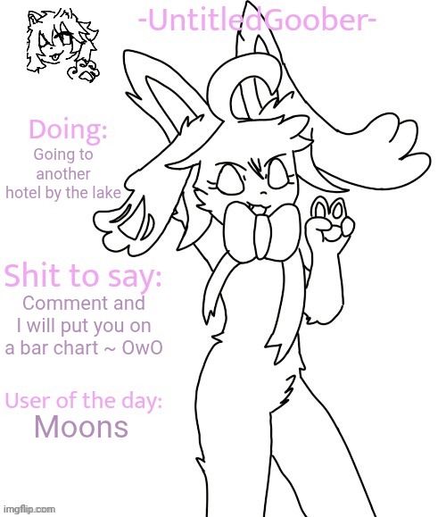 UntitledGoober's Sometimes Announcement Template | Going to another hotel by the lake; Comment and I will put you on a bar chart ~ OwO; Moons | image tagged in untitledgoober's sometimes announcement template | made w/ Imgflip meme maker
