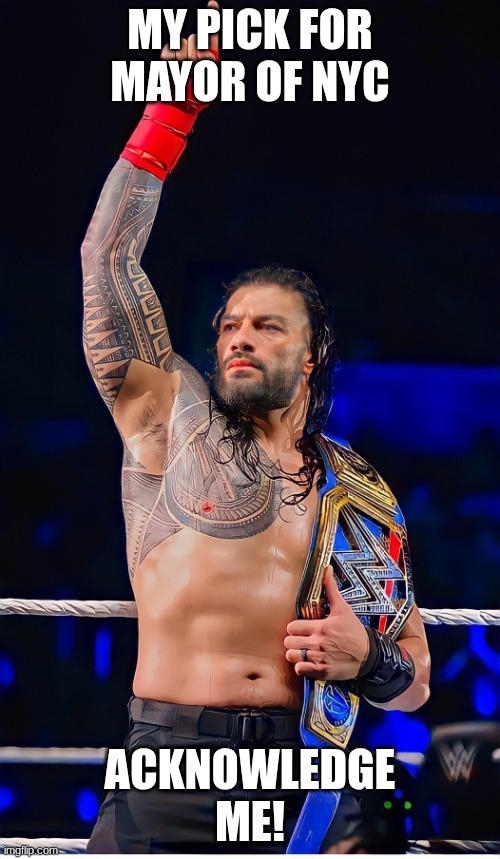 roman reigns acknowledge me | MY PICK FOR MAYOR OF NYC; ACKNOWLEDGE ME! | image tagged in roman reigns acknowledge me | made w/ Imgflip meme maker
