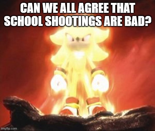 No? Anyone? I'm not even saying we ban guns | CAN WE ALL AGREE THAT SCHOOL SHOOTINGS ARE BAD? | image tagged in super shadow | made w/ Imgflip meme maker