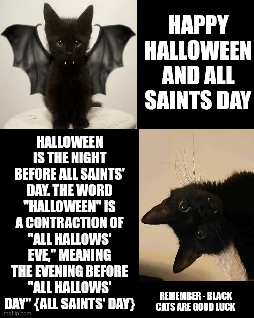 HALLOWEEN" IS A CONTRACTION OF "ALL HALLOWS' EVE," MEANING THE EVENING BEFORE "ALL HALLOWS' DAY" {ALL SAINTS' DAY} | HAPPY HALLOWEEN AND ALL SAINTS DAY; HALLOWEEN IS THE NIGHT BEFORE ALL SAINTS' DAY. THE WORD "HALLOWEEN" IS A CONTRACTION OF "ALL HALLOWS' EVE," MEANING THE EVENING BEFORE "ALL HALLOWS' DAY" {ALL SAINTS' DAY}; REMEMBER - BLACK CATS ARE GOOD LUCK | image tagged in memes,halloween,happy halloween,day of the dead,black cats are good luck,celebrate | made w/ Imgflip meme maker