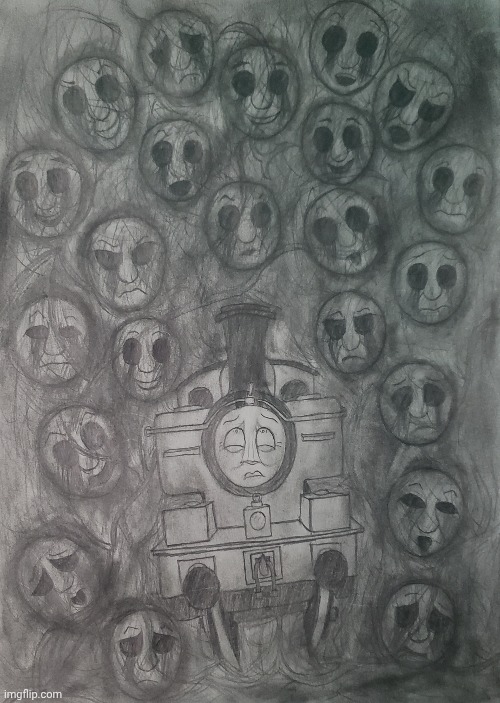 POV: You're trying to sleep but the voices in your head keep singing | image tagged in thomas the tank engine,horror,schizophrenia,paranoia,hysteria,drawing | made w/ Imgflip meme maker