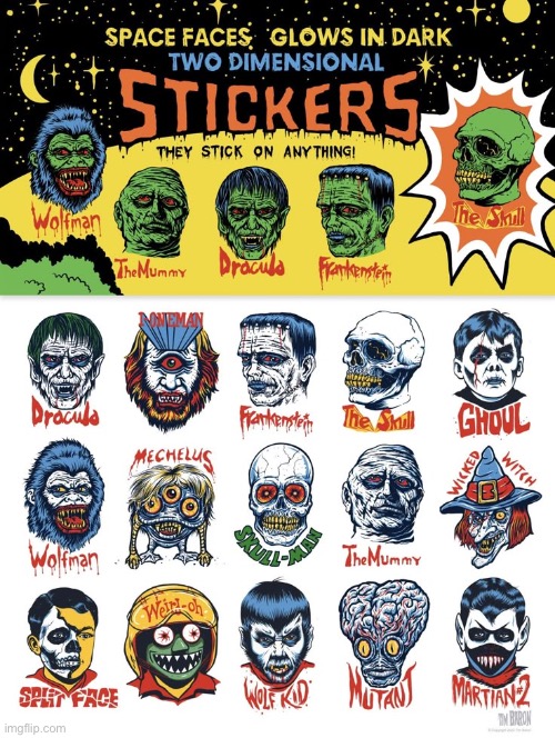 Monsters… | image tagged in repost,halloween,monsters,stickers,glow in the dark | made w/ Imgflip meme maker