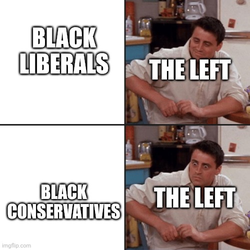 The Left when Black People are Conservatives | BLACK LIBERALS; THE LEFT; BLACK CONSERVATIVES; THE LEFT | image tagged in joey friends | made w/ Imgflip meme maker