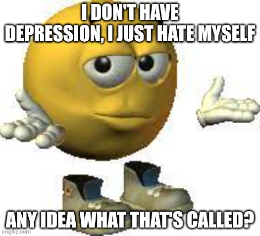 Emoji guy shrug | I DON'T HAVE DEPRESSION, I JUST HATE MYSELF; ANY IDEA WHAT THAT'S CALLED? | image tagged in emoji guy shrug | made w/ Imgflip meme maker