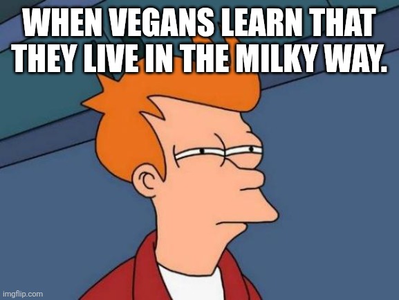 Vegans learning about the Milky Way | WHEN VEGANS LEARN THAT THEY LIVE IN THE MILKY WAY. | image tagged in memes,futurama fry | made w/ Imgflip meme maker