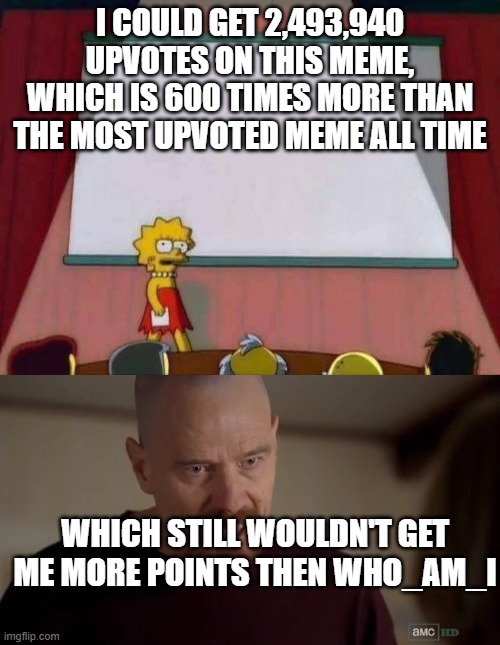 Who am I meme | I COULD GET 2,493,940 UPVOTES ON THIS MEME, WHICH IS 600 TIMES MORE THAN THE MOST UPVOTED MEME ALL TIME; WHICH STILL WOULDN'T GET ME MORE POINTS THEN WHO_AM_I | image tagged in lisa simpson speech,i am the one who knocks,who am i | made w/ Imgflip meme maker
