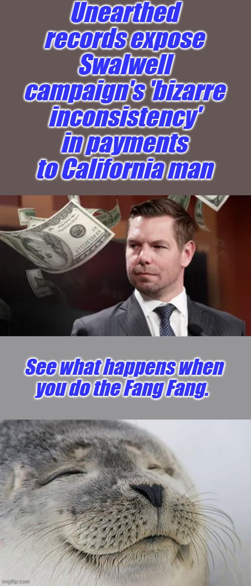 Unearthed records expose Swalwell campaign's 'bizarre inconsistency' in payments to California man; See what happens when you do the Fang Fang. | image tagged in memes,satisfied seal | made w/ Imgflip meme maker