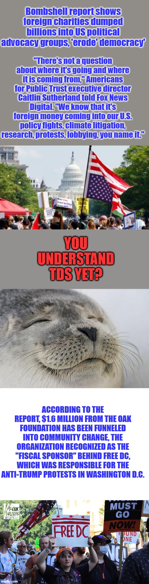 hired actors being used to destroy the US and install enemies inside our Country & Gov.. NONE gets exposed Without TRUMP in WH | Bombshell report shows foreign charities dumped billions into US political advocacy groups, 'erode' democracy'; "There's not a question about where it's going and where it is coming from," Americans for Public Trust executive director Caitlin Sutherland told Fox News Digital. "We know that it's foreign money coming into our U.S. policy fights, climate litigation, research, protests, lobbying, you name it."; YOU UNDERSTAND TDS YET? ACCORDING TO THE REPORT, $1.6 MILLION FROM THE OAK FOUNDATION HAS BEEN FUNNELED INTO COMMUNITY CHANGE, THE ORGANIZATION RECOGNIZED AS THE "FISCAL SPONSOR" BEHIND FREE DC, WHICH WAS RESPONSIBLE FOR THE ANTI-TRUMP PROTESTS IN WASHINGTON D.C. | image tagged in memes,satisfied seal,blank white template | made w/ Imgflip meme maker