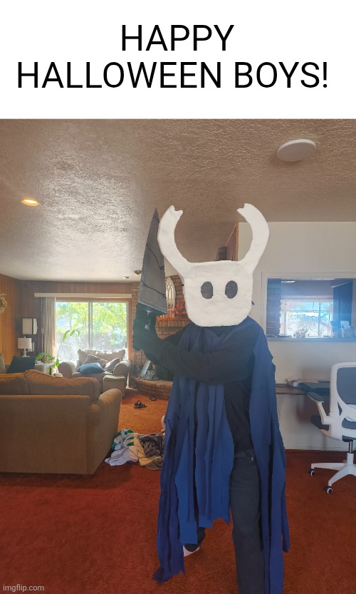 I'm The Knight from Hollow Knight :D also shoutout to DarthSwede... For some reason... | HAPPY HALLOWEEN BOYS! | image tagged in memes,flick7,halloween,costume,hollow knight,awesome | made w/ Imgflip meme maker