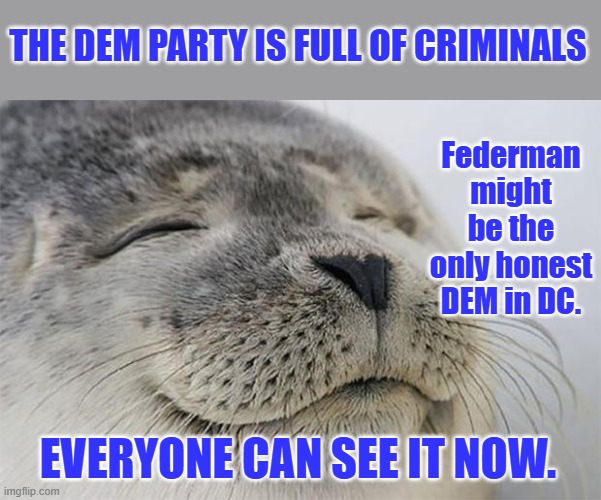 All crooks on the take. | THE DEM PARTY IS FULL OF CRIMINALS; Federman might be the only honest DEM in DC. EVERYONE CAN SEE IT NOW. | image tagged in memes,satisfied seal | made w/ Imgflip meme maker