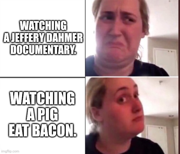 Makin bacon make bacon | WATCHING A JEFFERY DAHMER DOCUMENTARY. WATCHING A PIG EAT BACON. | image tagged in kombucha girl | made w/ Imgflip meme maker