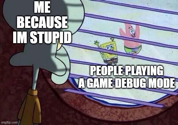 Squidward window | ME BECAUSE IM STUPID; PEOPLE PLAYING A GAME DEBUG MODE | image tagged in squidward window | made w/ Imgflip meme maker