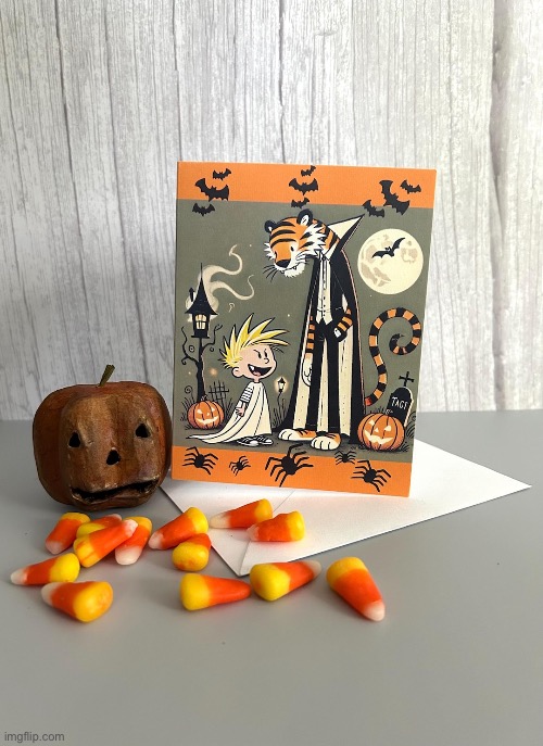 Calvin & Hobbes Halloween fan art | image tagged in calvin and hobbes,fan art,halloween,costumes,candy corn,pumpkins | made w/ Imgflip meme maker