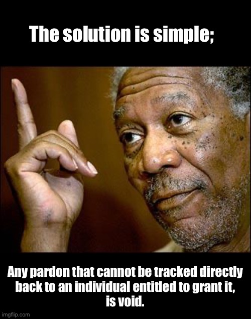 Auto signed pardons sand how to fix them | The solution is simple;; Any pardon that cannot be tracked directly
back to an individual entitled to grant it,
is void. | image tagged in this morgan freeman | made w/ Imgflip meme maker