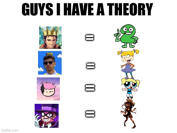 I just picked random characters for this leave me alone | =; =; =; = | image tagged in guys i have a theory,party crashers | made w/ Imgflip meme maker
