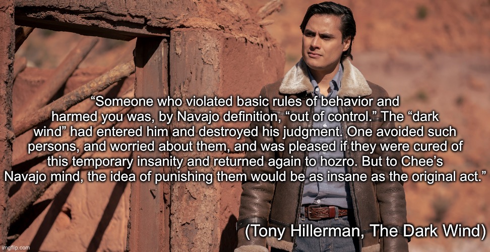 Hurt and Punishment | “Someone who violated basic rules of behavior and harmed you was, by Navajo definition, “out of control.” The “dark wind” had entered him and destroyed his judgment. One avoided such persons, and worried about them, and was pleased if they were cured of this temporary insanity and returned again to hozro. But to Chee’s Navajo mind, the idea of punishing them would be as insane as the original act.”; (Tony Hillerman, The Dark Wind) | image tagged in hurt,navajo,indian,dark,wind,quote | made w/ Imgflip meme maker