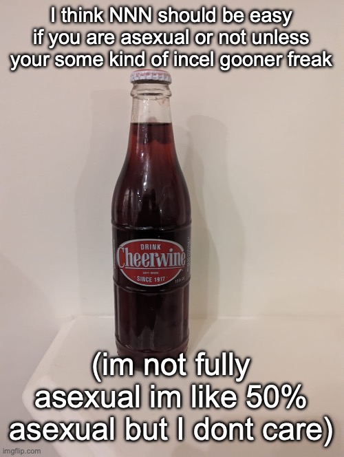Cheerwine | I think NNN should be easy if you are asexual or not unless your some kind of incel gooner freak; (im not fully asexual im like 50% asexual but I dont care) | image tagged in cheerwine | made w/ Imgflip meme maker