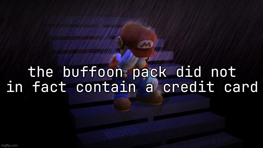 sad mario | the buffoon pack did not in fact contain a credit card | image tagged in sad mario | made w/ Imgflip meme maker