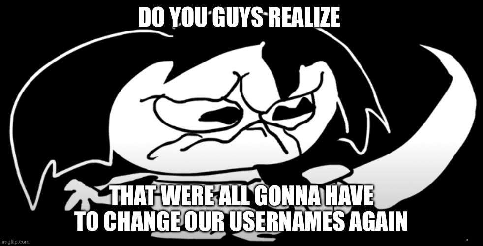NOOOOOO | DO YOU GUYS REALIZE; THAT WERE ALL GONNA HAVE TO CHANGE OUR USERNAMES AGAIN | image tagged in sad underpants frisk | made w/ Imgflip meme maker