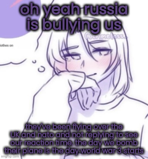 Smug look | oh yeah russia is bullying us; they've been flying over the UK and nato and not replying to see our reaction time. the day we bomb their plane is the day world war 3 starts | image tagged in smug look | made w/ Imgflip meme maker