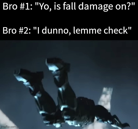 Bro #1: "Yo, is fall damage on?"; Bro #2: "I dunno, lemme check" | made w/ Imgflip meme maker