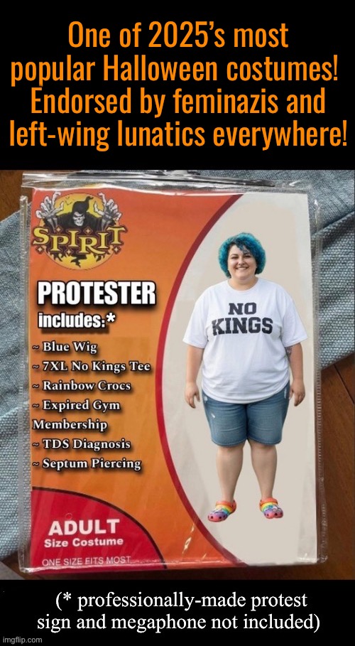 It’s probably the #1 “costume” amongst the TDS set… | One of 2025’s most popular Halloween costumes! 
Endorsed by feminazis and left-wing lunatics everywhere! | image tagged in political meme,halloween,spirit halloween,no kings protester,costume,feminazi | made w/ Imgflip meme maker