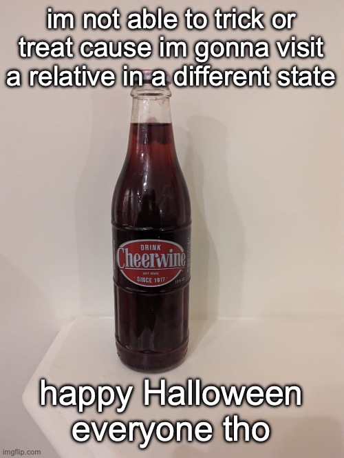 Cheerwine | im not able to trick or treat cause im gonna visit a relative in a different state; happy Halloween everyone tho | image tagged in cheerwine | made w/ Imgflip meme maker
