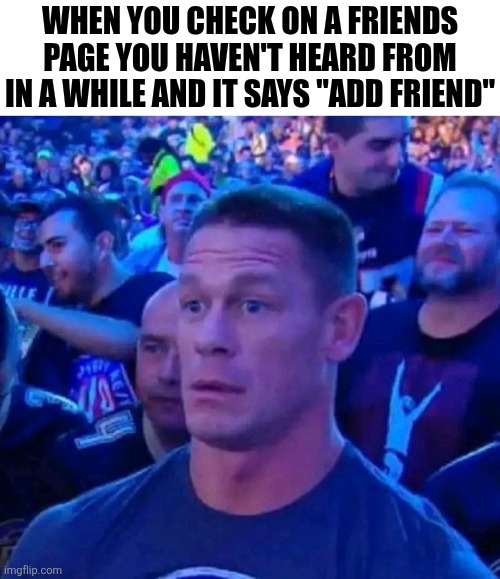 When You Check On A Friends Page You Haven't Heard From In A While | WHEN YOU CHECK ON A FRIENDS PAGE YOU HAVEN'T HEARD FROM IN A WHILE AND IT SAYS "ADD FRIEND" | image tagged in chris joines | made w/ Imgflip meme maker