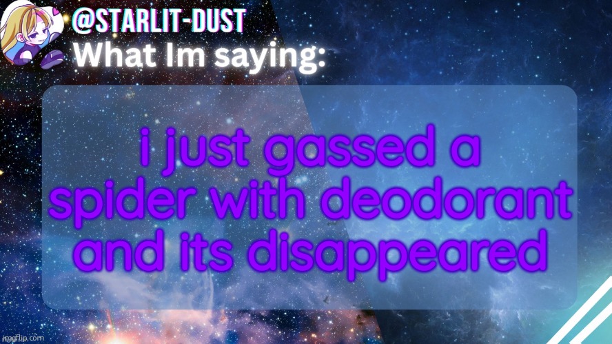 next time i see it ill use flyspray | i just gassed a spider with deodorant and its disappeared | image tagged in stardust's template by graceomg | made w/ Imgflip meme maker