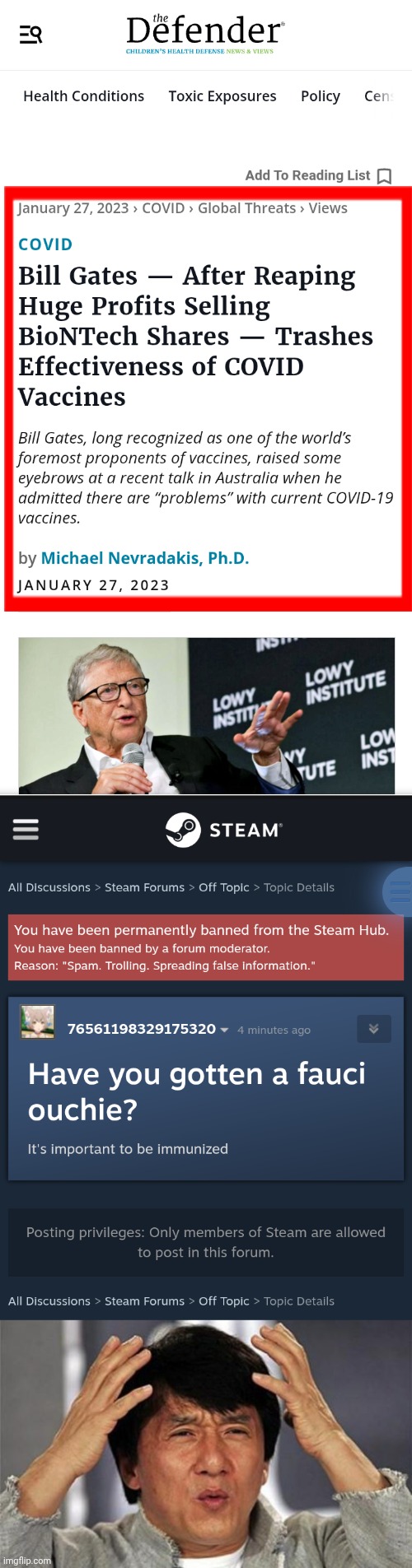 My honest reaction any time (Gabe Newell's former employer) Bill Gates isn't banned from steam for criticizing his own vaccines | image tagged in jackie chan wtf,covid-19,vaccines,big pharma,bill gates,steam | made w/ Imgflip meme maker