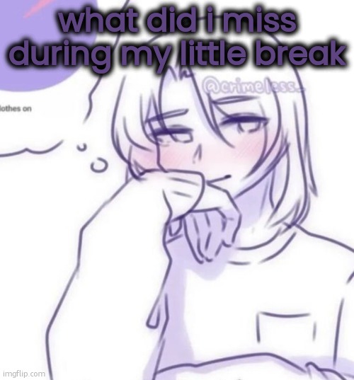 Smug look | what did i miss during my little break | image tagged in smug look | made w/ Imgflip meme maker