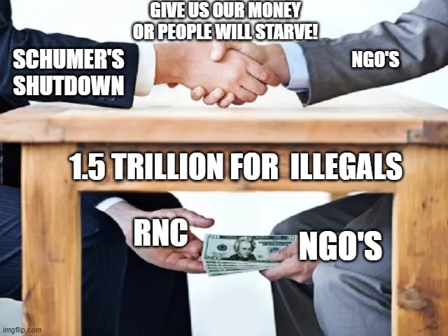 Money under table | GIVE US OUR MONEY OR PEOPLE WILL STARVE! SCHUMER'S SHUTDOWN; NGO'S; 1.5 TRILLION FOR  ILLEGALS; RNC; NGO'S | image tagged in money under table,chuck schumer,government shutdown,illegals,rnc,democrats | made w/ Imgflip meme maker