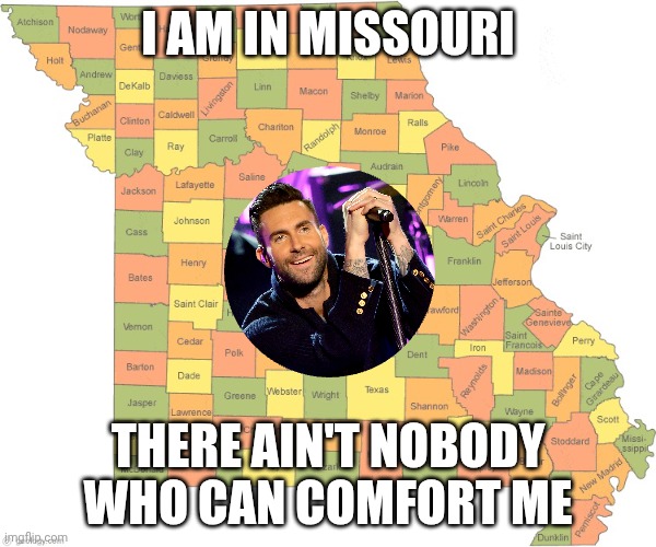 The silence is slowly killing me... | I AM IN MISSOURI; THERE AIN'T NOBODY WHO CAN COMFORT ME | image tagged in missouri,maroon 5,misery | made w/ Imgflip meme maker