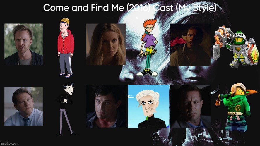 Come and Find Me (2016) Cast (My Style) | image tagged in come and find me 2016 cast my style,meme,memes,spoof cast,come and find me,characters | made w/ Imgflip meme maker