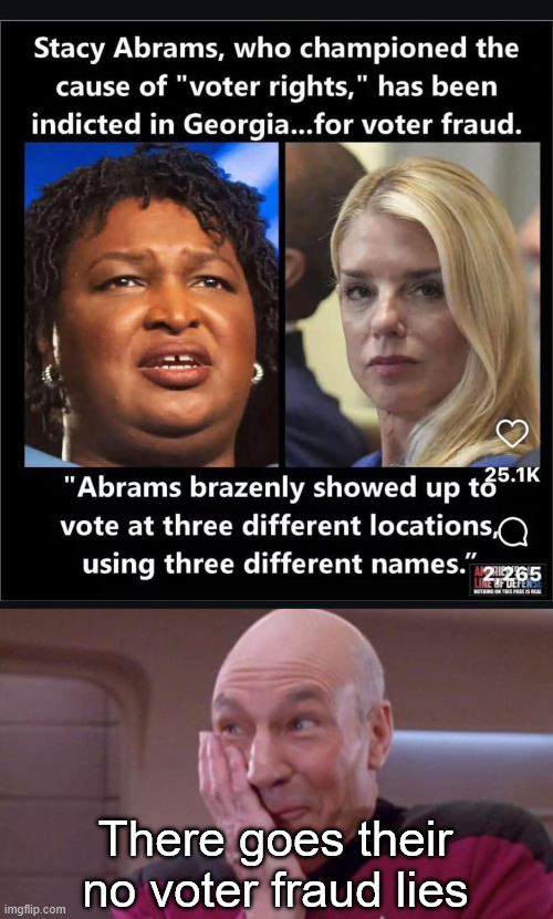 Abrams indicted for voter fraud | There goes their no voter fraud lies | image tagged in picard oops,indictment for voter fraud,stacy abrams | made w/ Imgflip meme maker