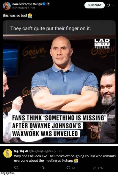image tagged in dwayne johnson,wax,statue,cousin,office,meeting | made w/ Imgflip meme maker
