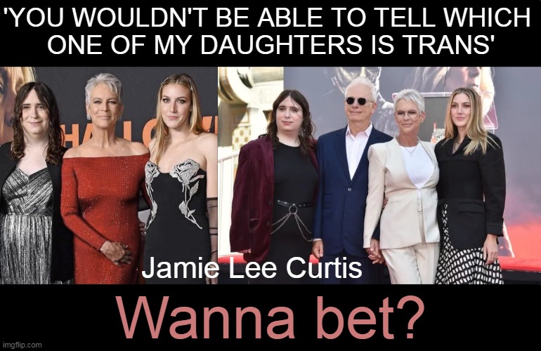Jamie, I hate to break it to you, bububut... | 'YOU WOULDN'T BE ABLE TO TELL WHICH 
ONE OF MY DAUGHTERS IS TRANS'; Jamie Lee Curtis; Wanna bet? | image tagged in identity,reality,we are not the same,truth,jamie lee curtis,pretend | made w/ Imgflip meme maker