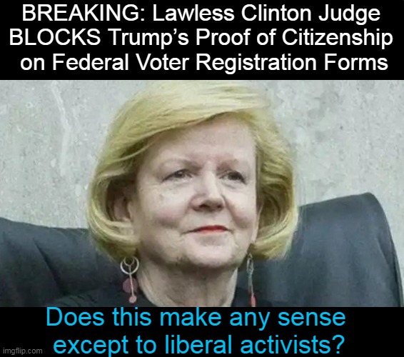 Pure NONSENSE | BREAKING: Lawless Clinton Judge 
BLOCKS Trump’s Proof of Citizenship 
on Federal Voter Registration Forms; Does this make any sense 
except to liberal activists? | image tagged in liberalism,american,citizens,voting | made w/ Imgflip meme maker