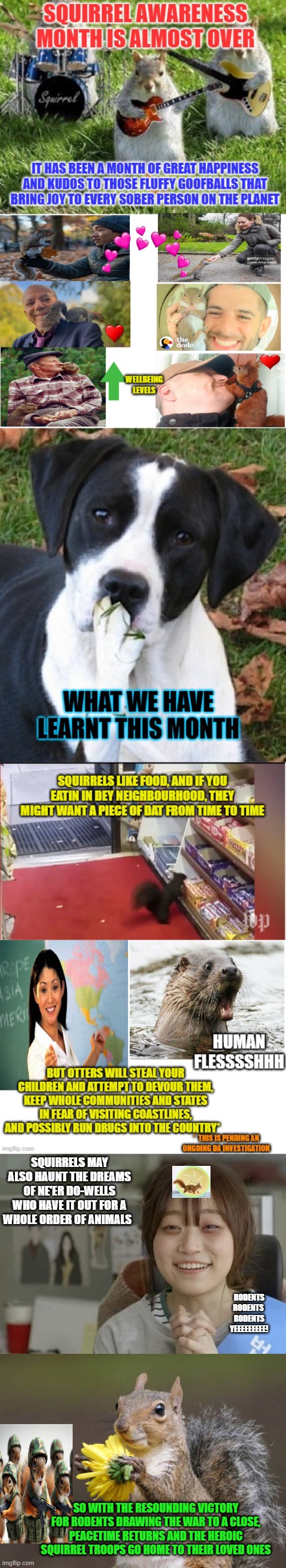 The last salvos - enjoy BR!  remember, rodents always win | SQUIRRELS MAY ALSO HAUNT THE DREAMS OF NE'ER DO-WELLS WHO HAVE IT OUT FOR A WHOLE ORDER OF ANIMALS; RODENTS
RODENTS 
RODENTS
YEEEEEEEEE! SO WITH THE RESOUNDING VICTORY FOR RODENTS DRAWING THE WAR TO A CLOSE, PEACETIME RETURNS AND THE HEROIC SQUIRREL TROOPS GO HOME TO THEIR LOVED ONES | image tagged in rodents are why we are here,kept mammalia going,mighty squirrel win,propaganda never prospers,da invest watch this space | made w/ Imgflip meme maker