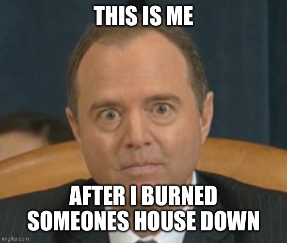 Crazy Adam Schiff | THIS IS ME; AFTER I BURNED SOMEONES HOUSE DOWN | image tagged in crazy adam schiff | made w/ Imgflip meme maker