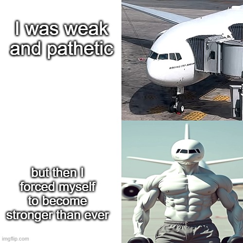 I bet this boring ol plane should be stronger | I was weak and pathetic; but then I forced myself to become stronger than ever | image tagged in mighty airplane,aviation,airplane,boeing 777 | made w/ Imgflip meme maker