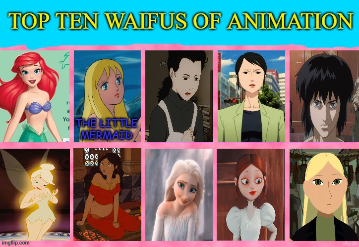 top ten waifus of animation | image tagged in top ten waifus of animation,waifus,movies,animated movies,fantasy memes,fairytales | made w/ Imgflip meme maker