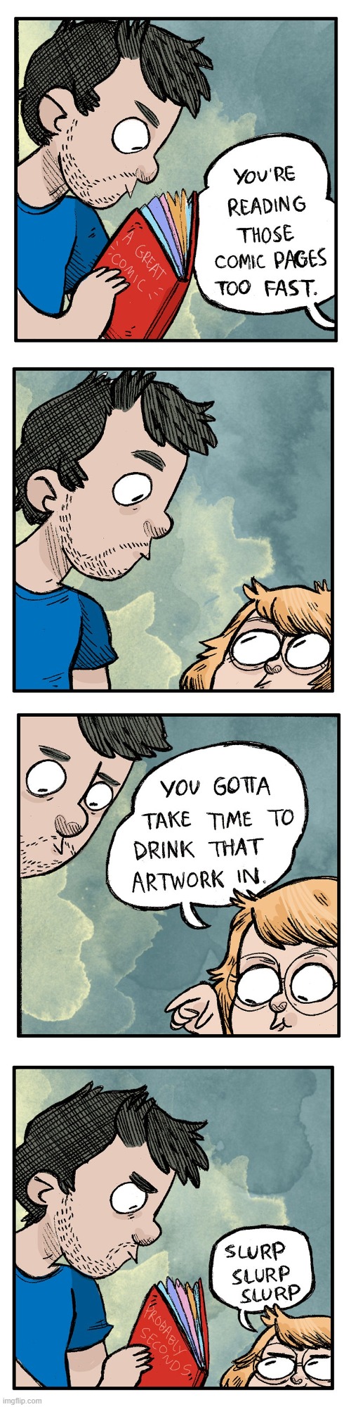 image tagged in comic,comic book,reading,drink,artwork,slurp | made w/ Imgflip meme maker