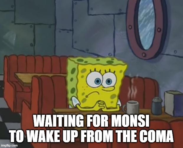 monsi WAKE UP | WAITING FOR MONSI TO WAKE UP FROM THE COMA | image tagged in spongebob waiting | made w/ Imgflip meme maker